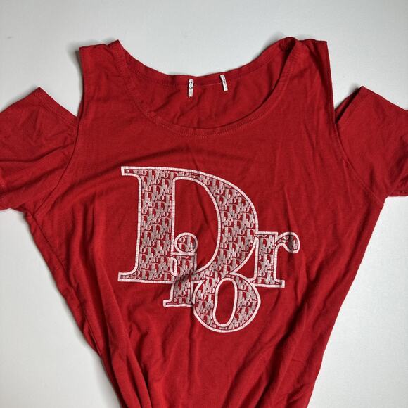 Red Cutout Shoulder Graphic Tee Y2K Streetwear Logo Print Top XS S READ FLAWS - Picture 6 of 12